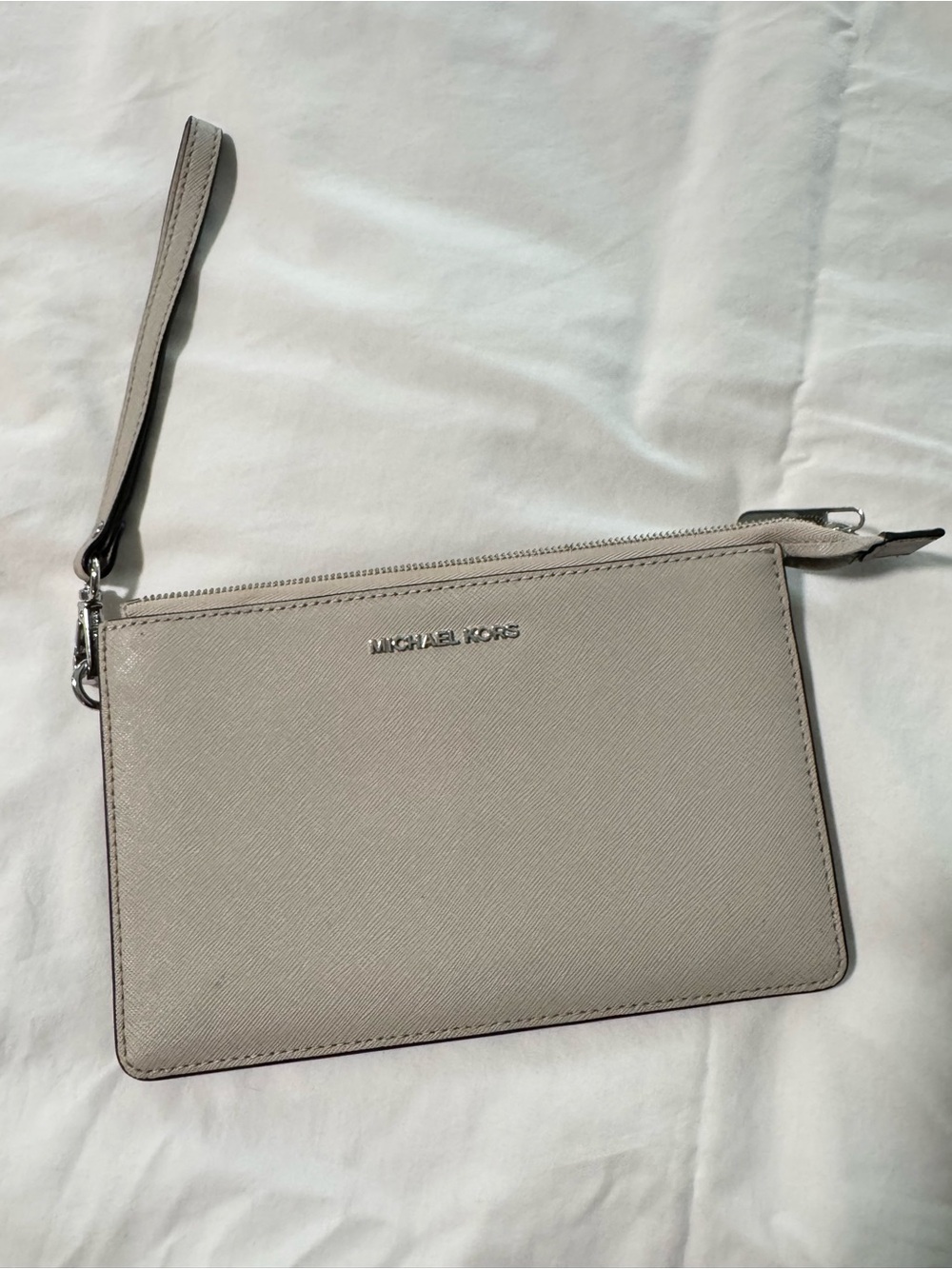 Michael Kors Neutral Light Gray Saffiano Leather Wristlet